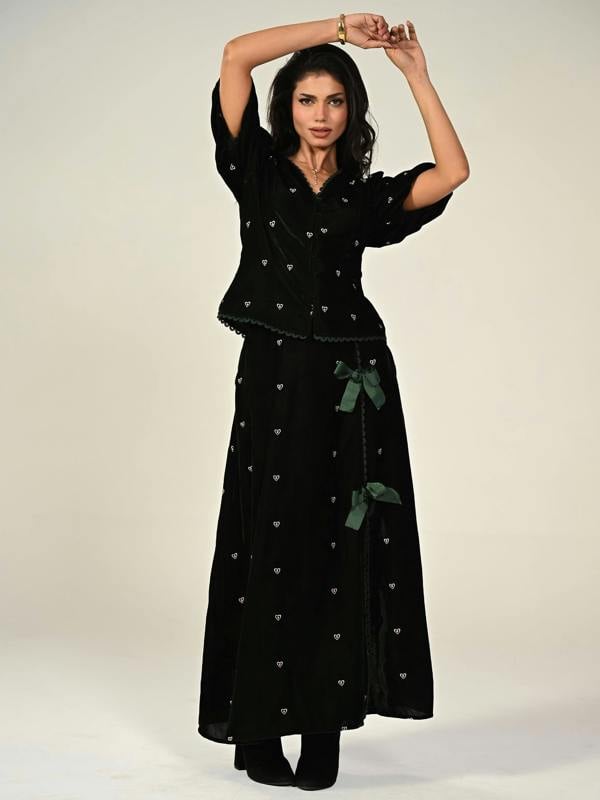 Rose & Nancy Illy Green Embroidered Heart Velvet Skirt