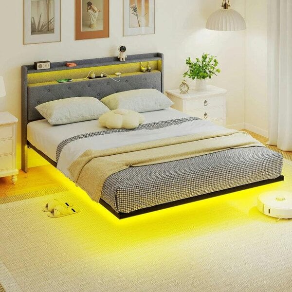 Floating Bed Frame, Upholstered 5ft King Size Bed, Platform Bed with RGB LED Lights and Charging Station, Grey - Grey