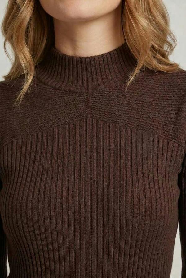 Brown | Striped Texture High Neck Slim Knit Top
