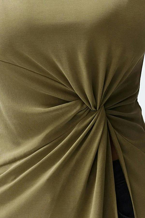 More Sustainable High Neck Ruched Detail Long Sleeve Modal Knit Blouse