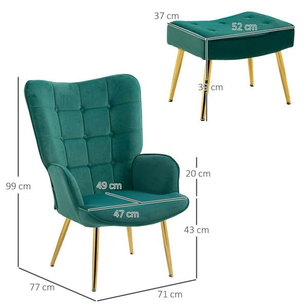 Green upholstered wingback chair with matching ottoman and slender gold legs