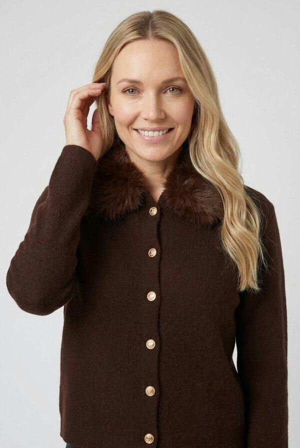 Izabel London Faux Fur Trim Collared Cardigan