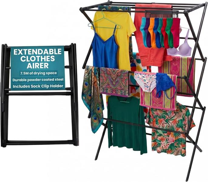 Laundry Mate Clothes Airer with Sock Clips - 3 Tier Space Saving Foldable Laundry Rack - Extends up to 71CM 11 Hanging Poles