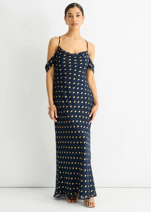 Gini London Navy Cowl Neck Drop Sleeves Foil Maxi Dress