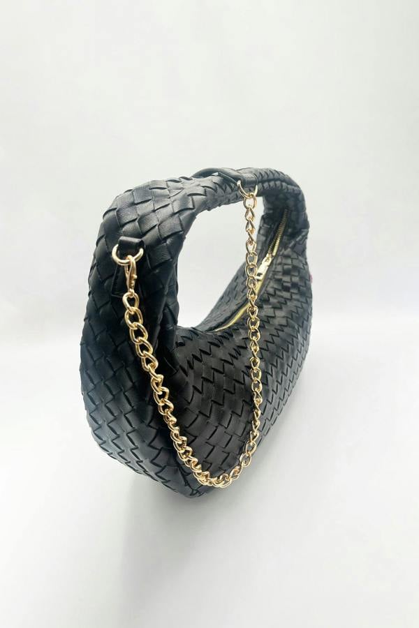 SVNX Woven Hobo Chain Shoulder Bag in Black