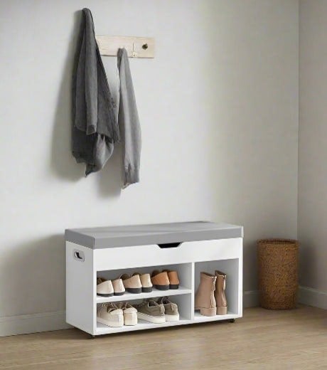 Modcraft White Shoe Storage Bench with Cushion, Hidden Compartment & 3 Shelves, 150kg Capacity