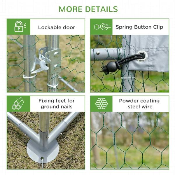 Galvanised chicken run features: lockable door, spring clips, and powder-coated steel wire