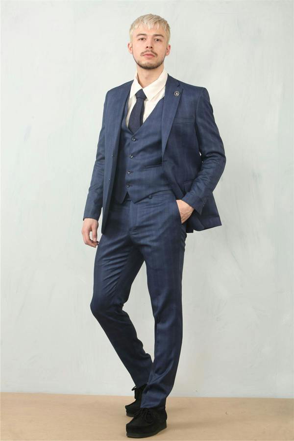 Infinity Leather Men's 3 Piece Prince Of Wales Blue Suit Workwear