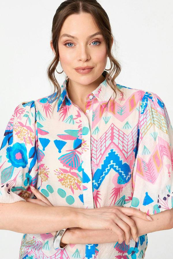 Blue | Abstract 1/2 Puff Sleeve Buttoned Shirt