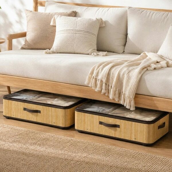 Bobobiy 72L Under Bed Storage with Wheels Pack of 2, Underbed Storage Box with Clear Lid Cover and Reinforced Handle, Natural