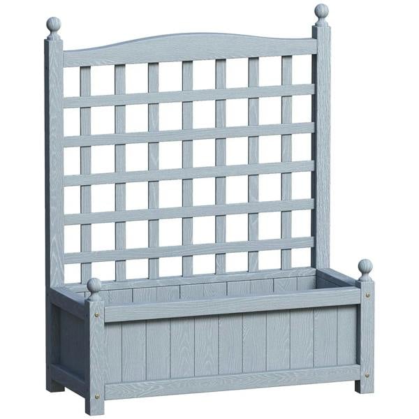 Grey wooden raised garden planter with front trellis for climbing vines