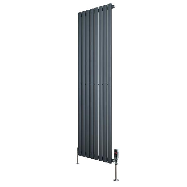 Oval single column radiator in anthracite grey, 1600mm x 480mm, featuring sleek vertical lines and modern valve design