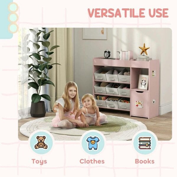 Bobobiy Kids Toy Storage, 9 Removable Fabric Bins, Wooden Toy Storage Units for Toys and Books for Bedroom, Nursery, Pink