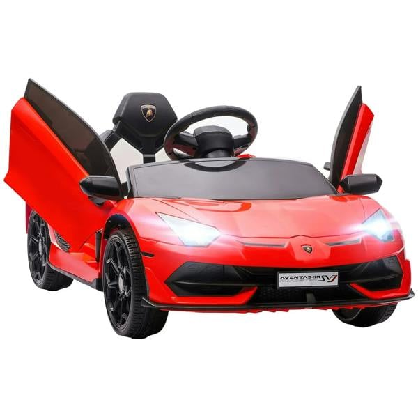 Red kids electric car with open butterfly doors, front headlights, and steering wheel.