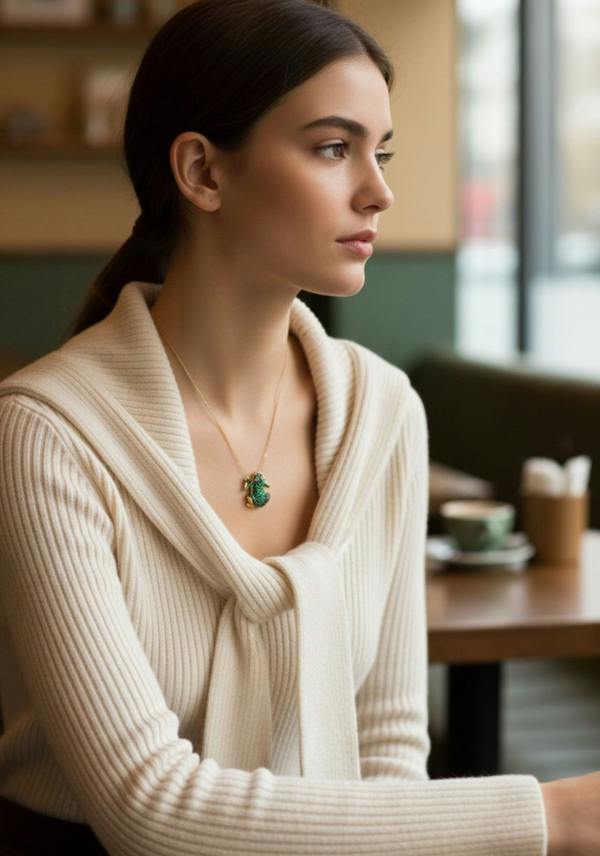 Woman wearing a beige sweater and emerald green frog necklace in a cafe setting