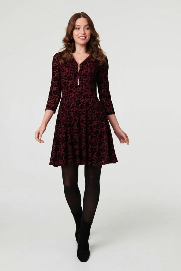 Red | Floral Zip V-Neck Short Skater Dress
