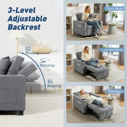 Wyld Haus Soliri Grey Upholstered 3 In One Convertible Single Sofa Bed Tufted Cushion