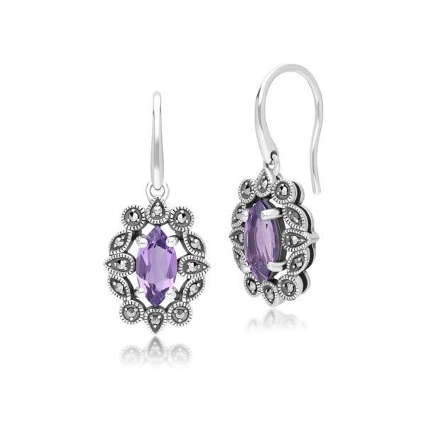 Gemondo Art Deco Style Marquise Amethyst & Marcasite Drop Earrings in Sterling Silver