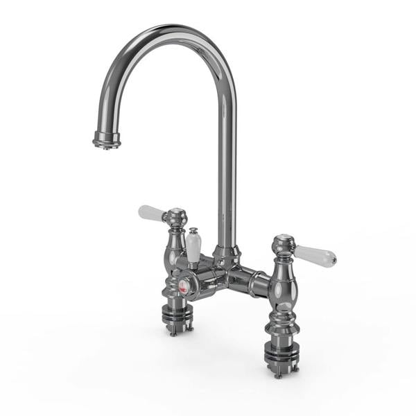 Flode klas | Traditional Bridge Style 3 in 1 Instant Boiling Tap | White Ceramic Levers | Polished Chrome Finish