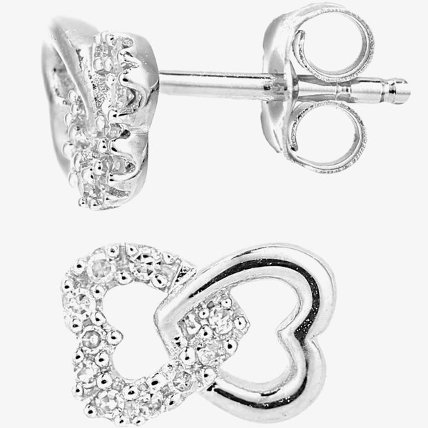 T. H. Baker 9ct White Gold & Pave Diamond Double Open Hearts Stud Earrings PE05599