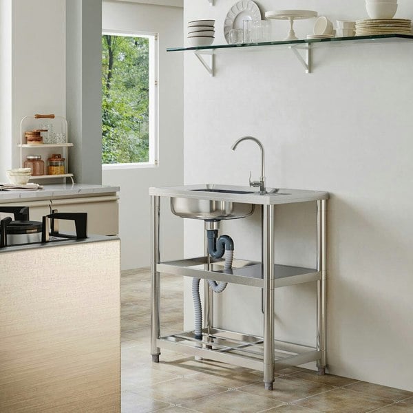 Stainless Steel One Compartment Sink with Shelves and Drainboard Living and Home