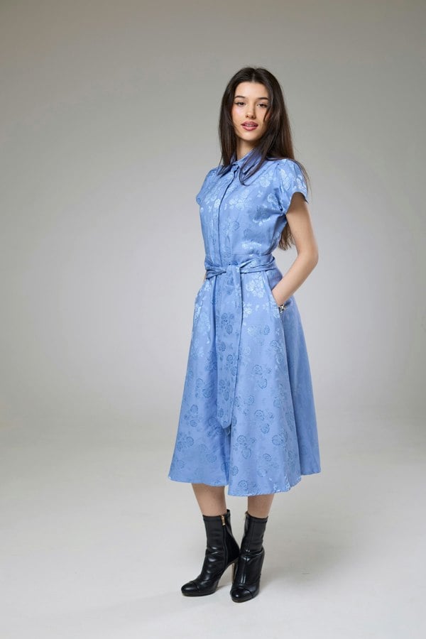 Isha's Timeless collection Sky Blue Petals Short Sleeve Shirt Dress