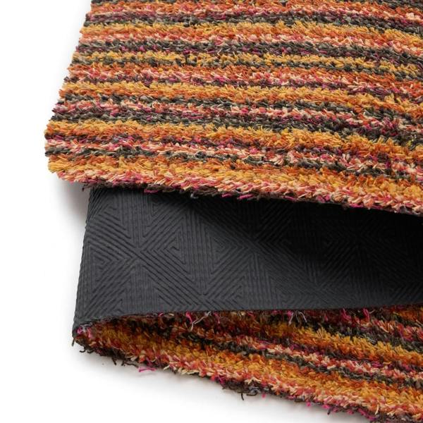 Multicolored striped rug with a close-up of the texture and backing.
