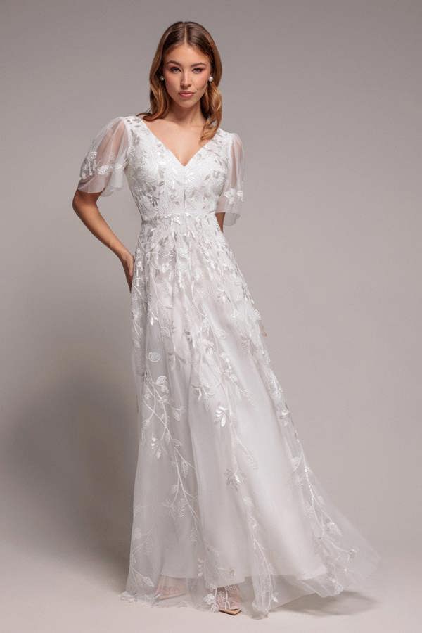 Flared Sleeve Embroidered Maxi Dress - White DR3279A