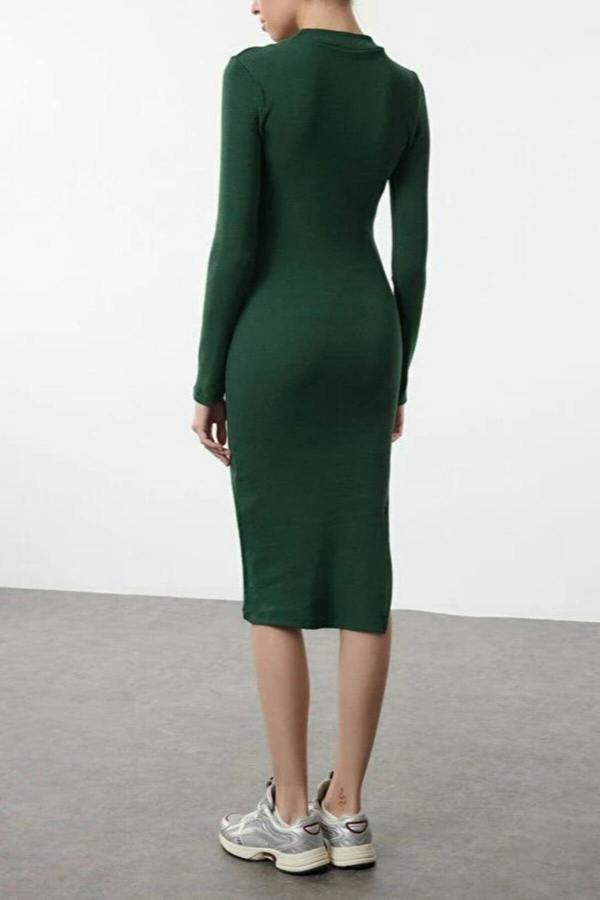 WOVCOR Crew Neck Midi Ribbed Stretch Knit Pencil Dress with Slit