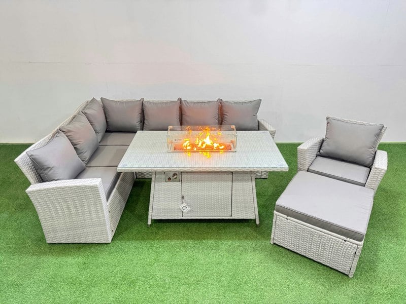 Fimous 8 Seat Rattan Garden Furniture Corner Sofa Set Outdoor Gas Fire Pit Table Sets with Big Footstool Light Grey