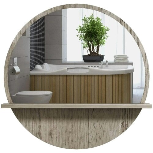 Bobobiy 45cm Round Home Mirror, with Shelf - Grey Wood-Effect