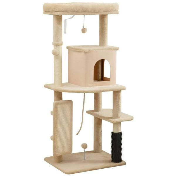 Beige multi-level cat tree with enclosed house, perches, hanging toy, and scratching posts