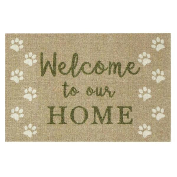 Doormat with 'Welcome to our Home' text and paw prints on a beige background