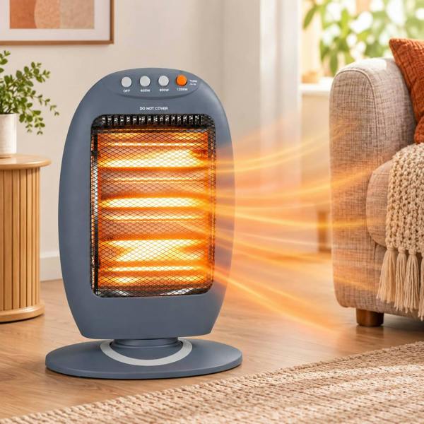 Dyzi 1200W Halogen Heater 3 Heat Settings Oscillating Tip-Over Grey