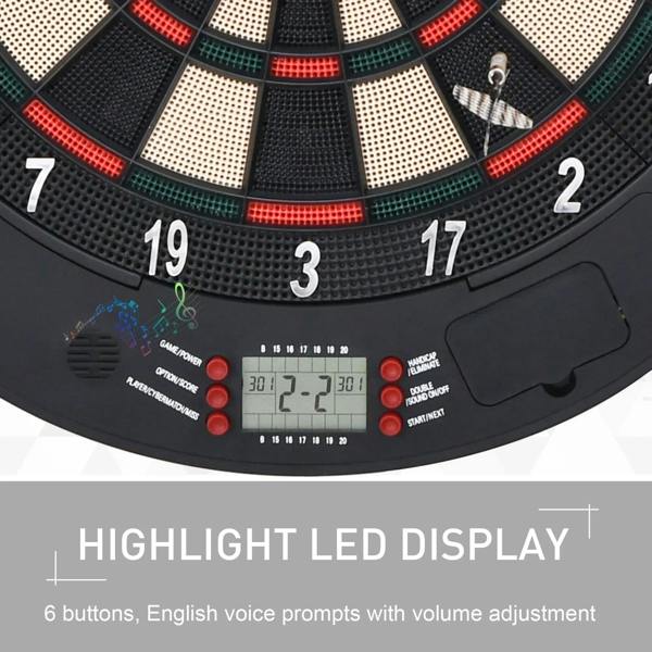 Electronic dartboard control panel on bottom edge with buttons and LED display