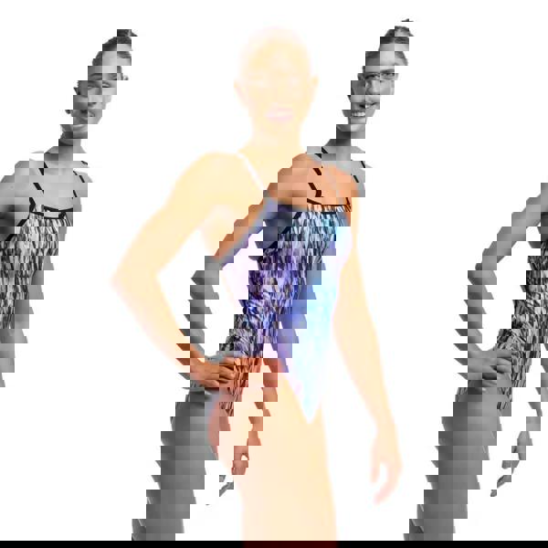 Vibrant blue and purple Funkita Fly Dye Single strap swimsuit with black trim