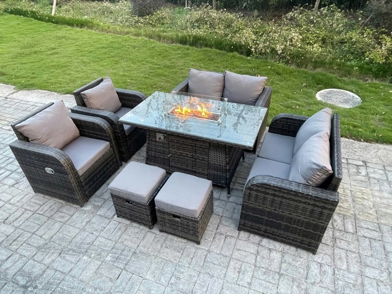 Fimous Outdoor Rattan Garden Furniture High Back Sofa Set Fire Pit Dining Table Gas Heater 2 Recling Chairs 2 Seater Love Sofa Footstools 8 Seater