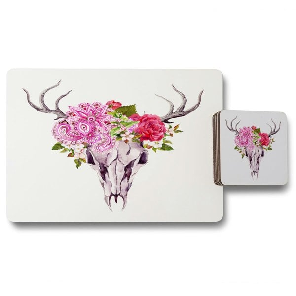 New Product Deer animal skull with flowers and feathers (Placemat & Coaster Set)  - Andrew Lee Home and Living