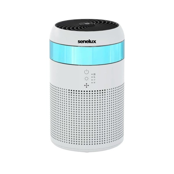 An image of the Senelux Demi Air Purifier with a blue LED light showing on the light strip and Senelux logo above