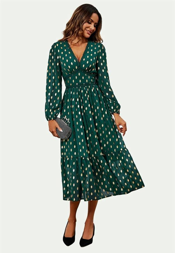 FS Collection Lace Trim Foil Long Sleeve Maxi Dress In Green