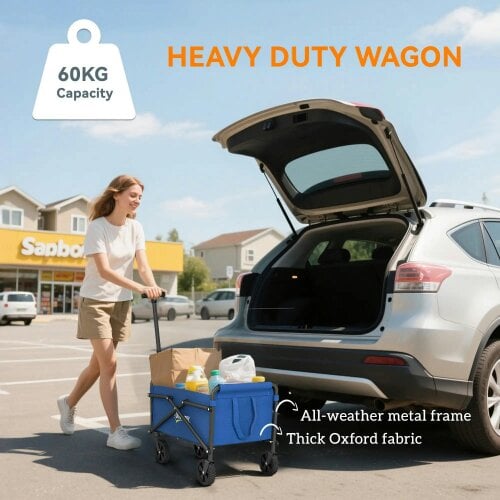 Bobobiy 41L Festival Trolley on Wheels, 60kg Heavy Duty Collapsible Foldable Wagon with Adjustable Handle and Carrying Bag for Beach, Blue