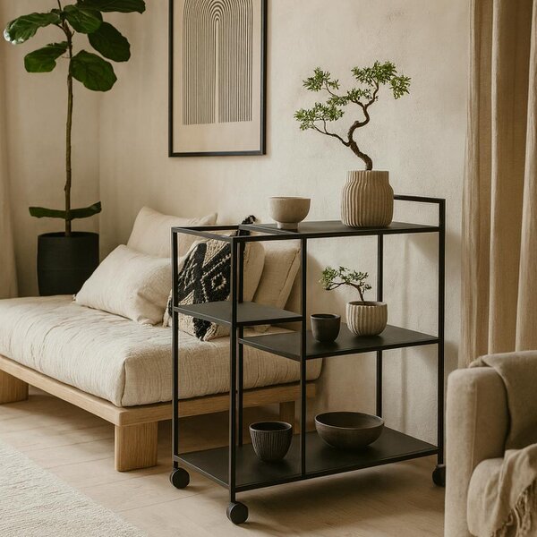 Wyld Haus Graz Matt Black Metal Serving Trolley with Wheels