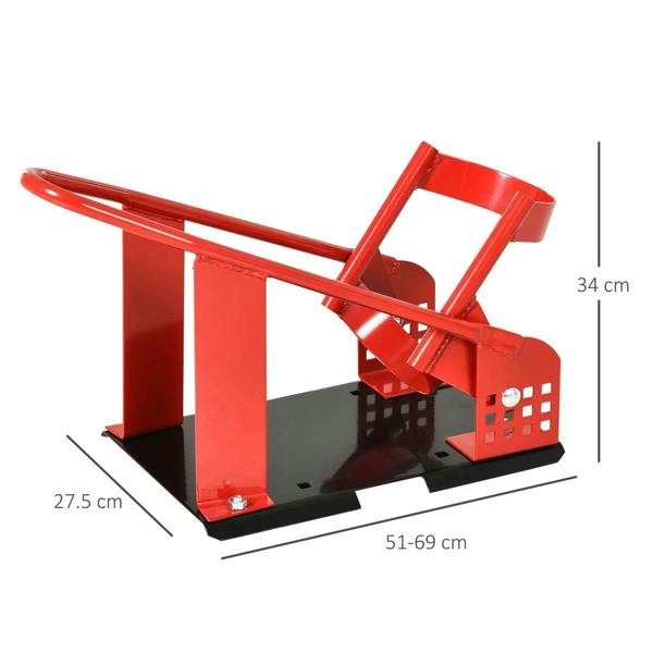 Red metal motorcycle wheel chock with black base and dimension labels; U-shaped clamp
