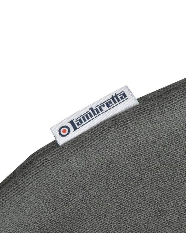 Lambretta Mens Smart Casual Knitted Long Sleeve Tipped Polo, close-up of the grey textured fabric and Lambretta brand tag.