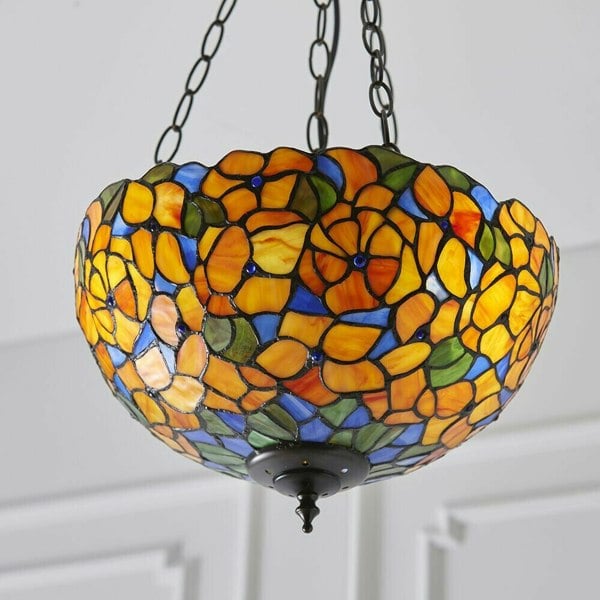 Medium Floral Pendant Light - Tiffany Glass & Dark Bronze Finish - Dimmable LED Loops