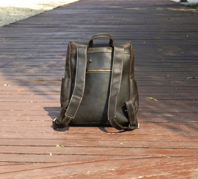 Touribag Top Open Leather Backpack With Front Straps Detail - Dark Brown