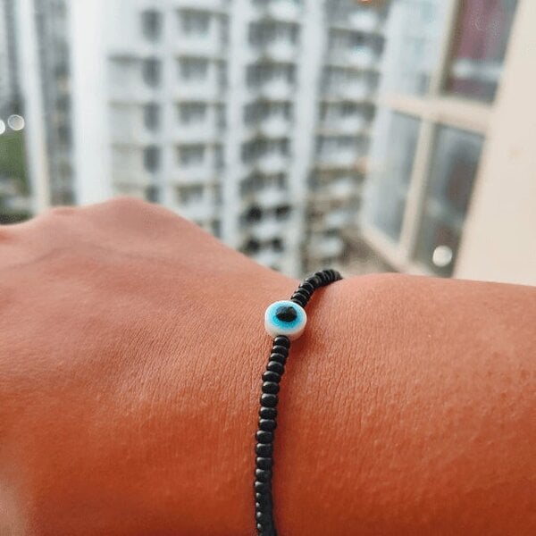 The Colourful Aura Adjustable Black Beads Evil Eye Indian Nazar Protection Slim Beaded Bracelet