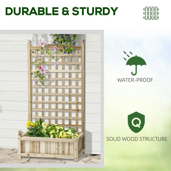 Wood trellis planter with solid frame structure and raised planting box