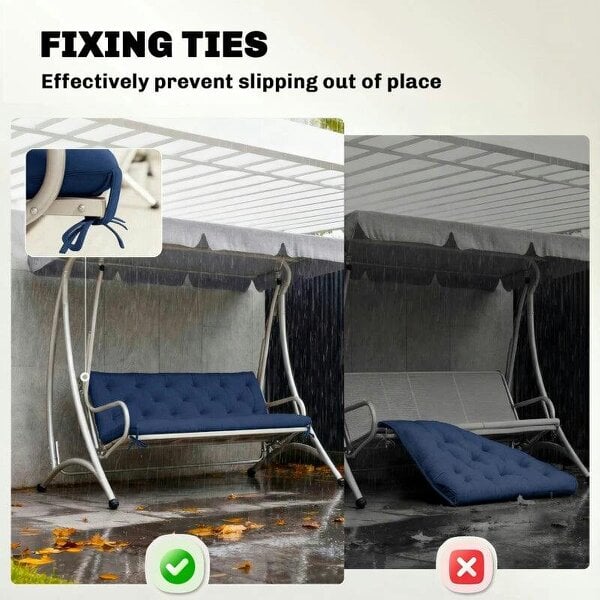 3 Seater Bench Cushion, Garden Chair Cushion with Back and Ties for Indoor and Outdoor Use, 98 x 150 cm, Dark Blue