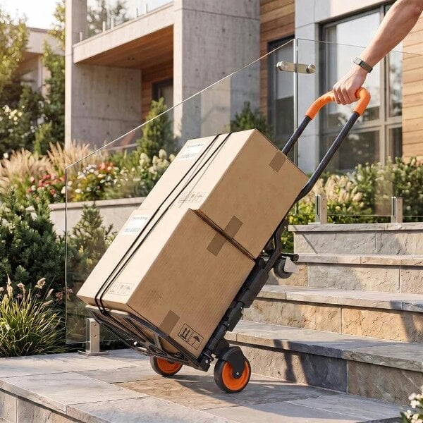 Bobobiy Steel 2-in-1 Folding Hand Truck on Wheels, Foldable Trolley with Foldable Base, 120kg, Black and Orange
